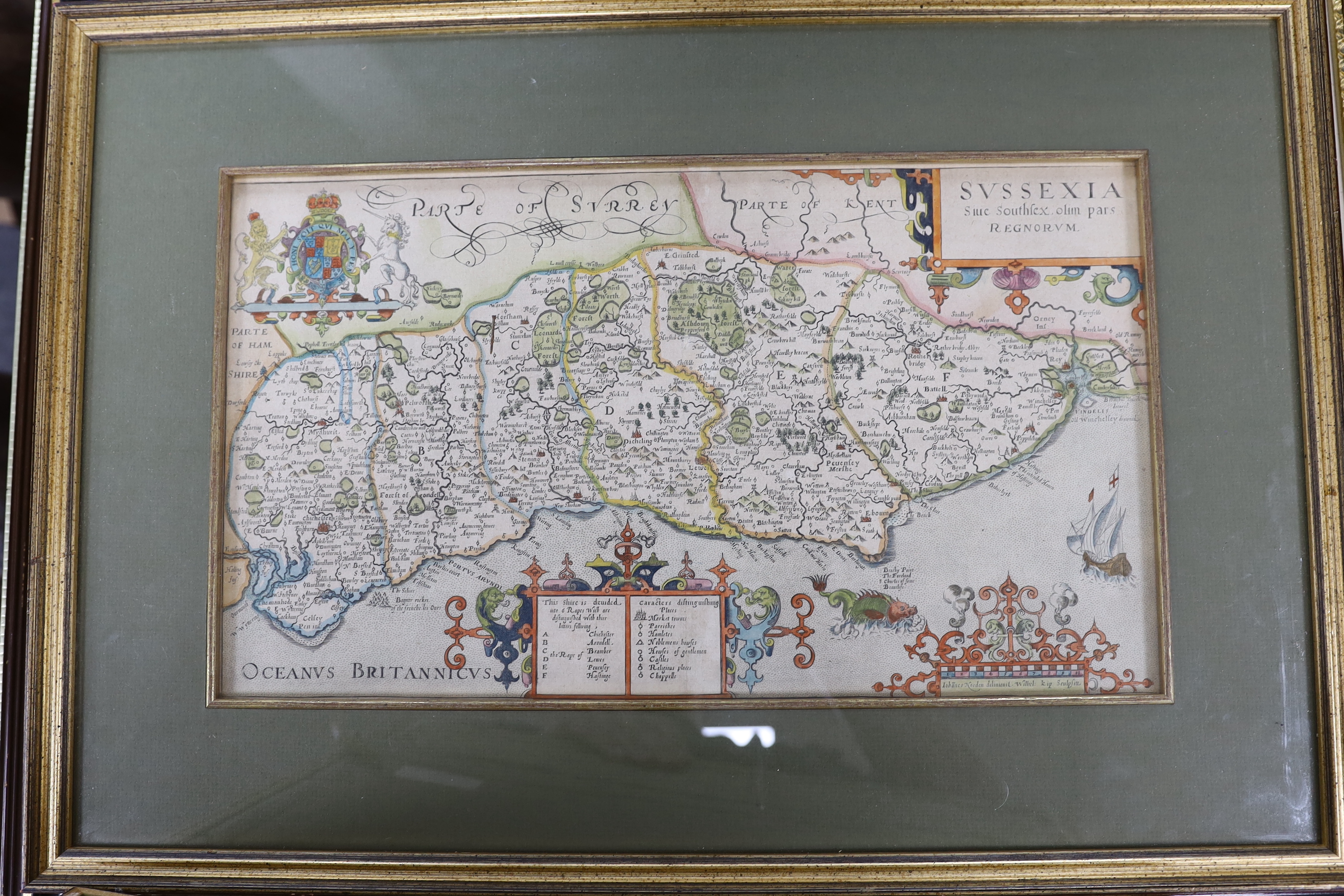 Five framed maps of Sussex, including four 18th century examples by Herman Moll, Johanes Norden, etc. largest 49 x 62cm